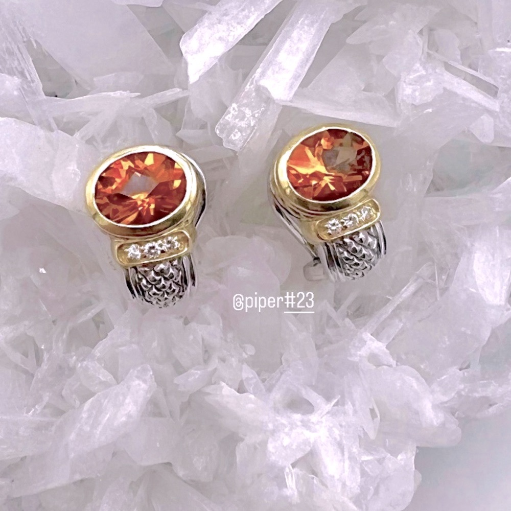 Judith Ripka JR TWO Sterling Silver 18K Gold Citrine & Diamond Huggie Earrings